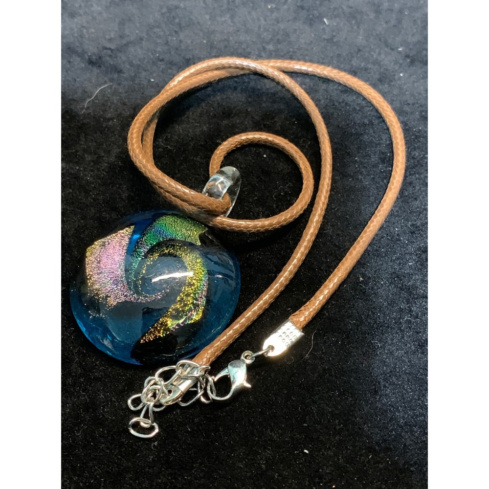 Blue Dichroic Art Glass Swirl Pendant Necklace Brown Cord 20 Inch Adjustable